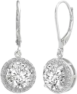 Beryl Crafts 2 Ctw Round Cut Cz Diamond Halo Drop & Dangle Earrings 14K White Gold Plated Silver