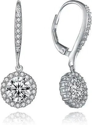 Beryl Crafts 2 Ctw Round Cut Cz Diamond Halo For Women's Drop & Dangle Earrings 14K White Gold Plated Silver