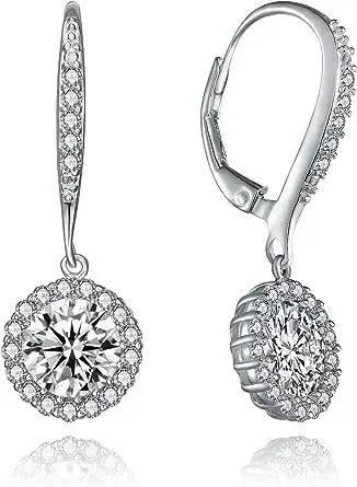Beryl Crafts 2 Ctw Round Cut Cz Diamond Halo For Women's Drop & Dangle Earrings 14K White Gold Plated Silver
