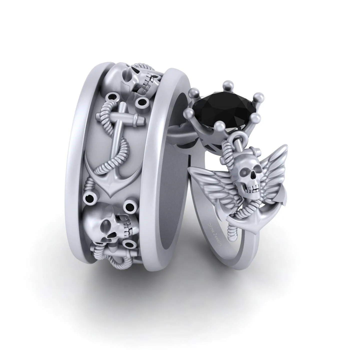 Black Diamond Gothic Skull Anchor Matching Engagement Ring Band Set For Couple Archangel Wings Skull Ring Solid 925 Silver