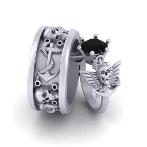 Black Diamond Gothic Skull Anchor Matching Engagement Ring Band Set For Couple Archangel Wings Skull Ring Solid 925 Silver