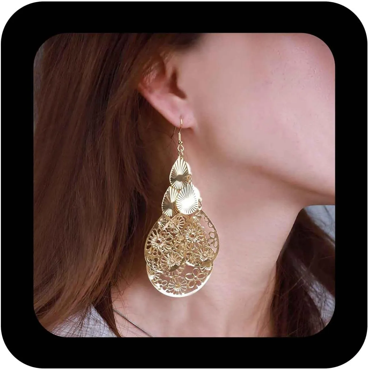 Bohemia Filigree Chandelier Earrings Gold Water Drop Filigree Earrings Oval Hollow Flower Dangle Earrings Hollow Teardrop Chandelier Hook Earrings Jewelry for Women