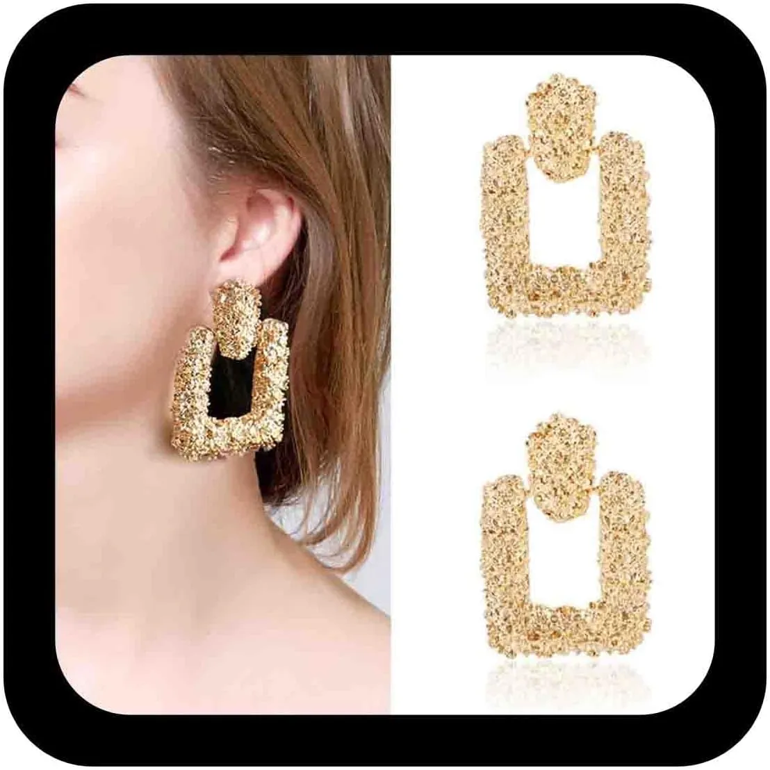 Boho Large Square Dangle Earrings Raised Textured Design Earrings Gold Geometry Square Studs Earrings Punk Chunky Earrings Vintage Statement Earrings Jewelry for Women