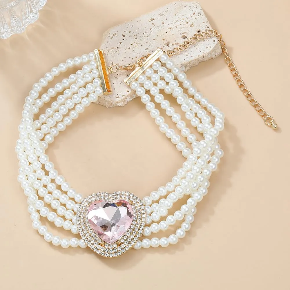 Boho Women Multilayer 1920s Love Heart Rhinestone Necklaces Gold Silver Dainty Pearls Layered Choker Necklaces Fashion Red Pink Chunky Pendant Multilayer Adjustable Layering Chain Necklaces for Women