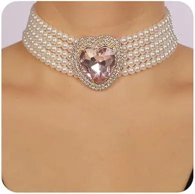 Boho Women Multilayer 1920s Love Heart Rhinestone Necklaces Gold Silver Dainty Pearls Layered Choker Necklaces Fashion Red Pink Chunky Pendant Multilayer Adjustable Layering Chain Necklaces for Women