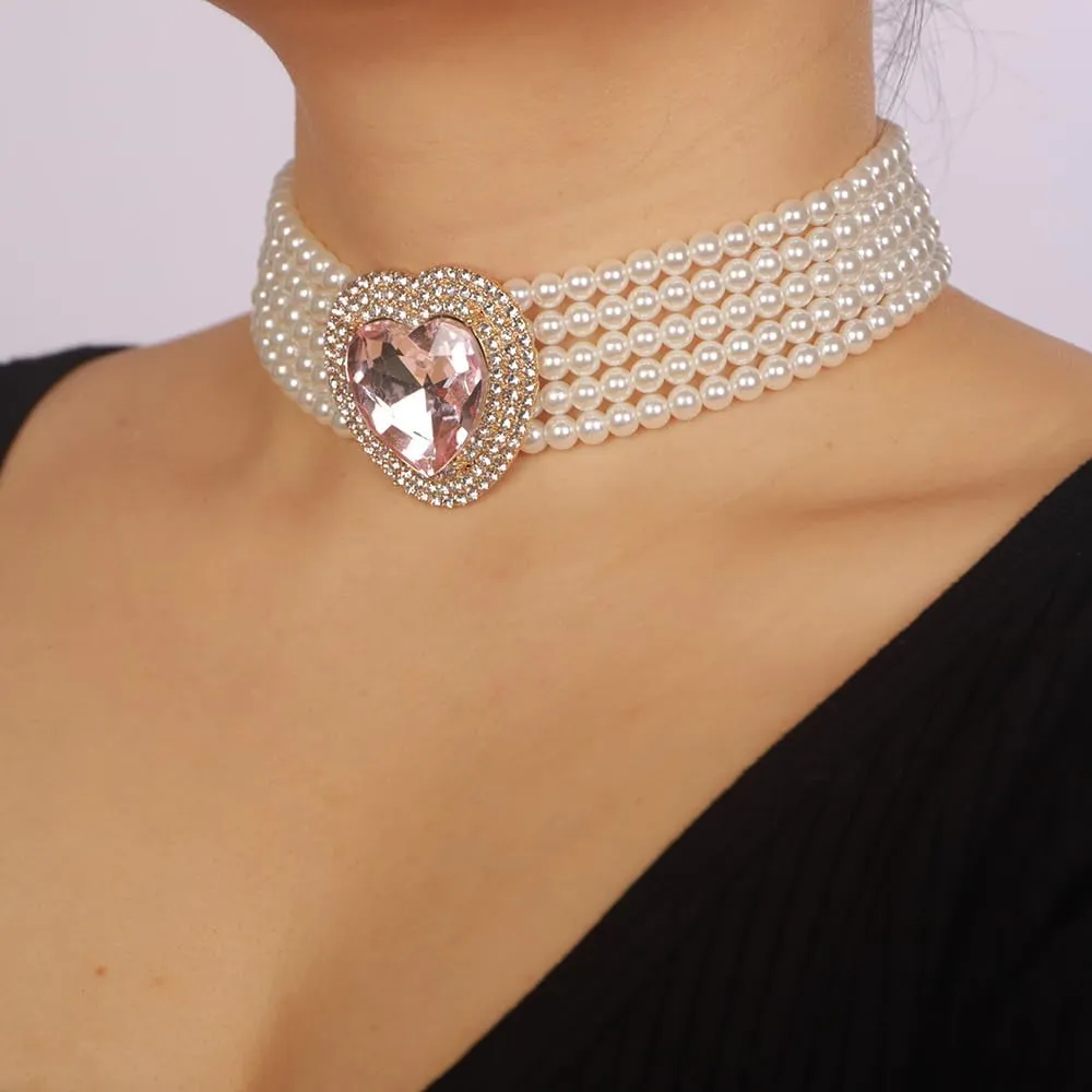 Boho Women Multilayer 1920s Love Heart Rhinestone Necklaces Gold Silver Dainty Pearls Layered Choker Necklaces Fashion Red Pink Chunky Pendant Multilayer Adjustable Layering Chain Necklaces for Women