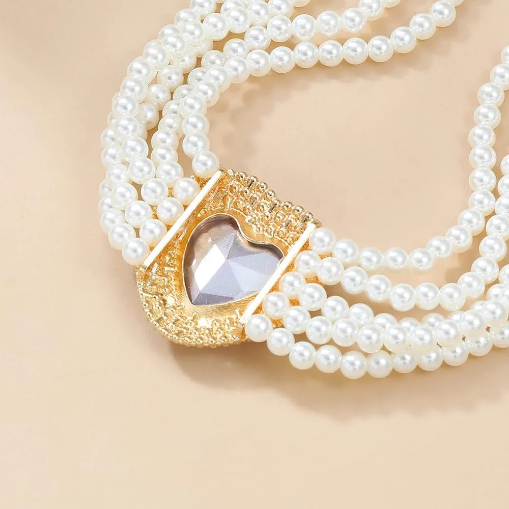 Boho Women Multilayer 1920s Love Heart Rhinestone Necklaces Gold Silver Dainty Pearls Layered Choker Necklaces Fashion Red Pink Chunky Pendant Multilayer Adjustable Layering Chain Necklaces for Women