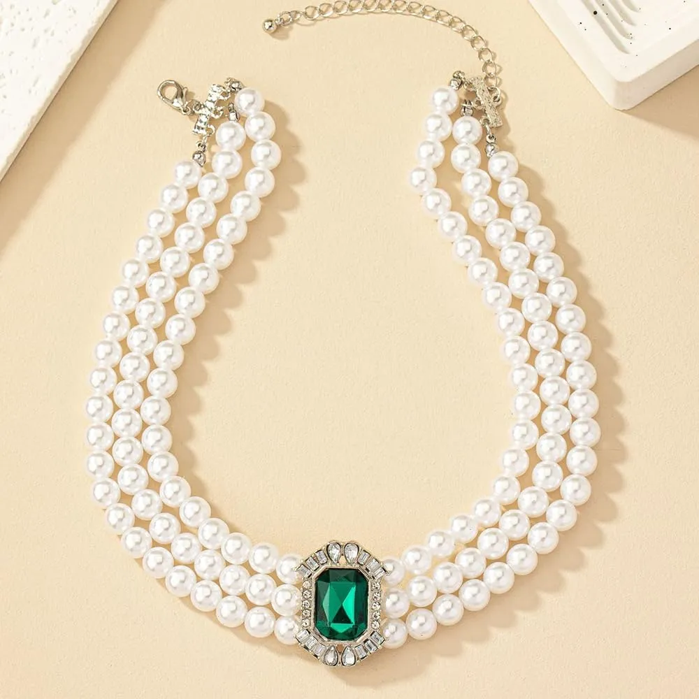 Boho Women Multilayer 1920s Necklace Green Rhinestones Chunky Dainty Pearls Layered Choker Necklaces Handmade Beads Fashion Chunky Pendant Multilayer Adjustable Layering Green Chain Necklaces for Women
