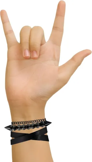 Bold Black Leather Punk Bracelets (Pack of 3) - with Spikes, Chains & Adjustable Fit | Unisex Rocker Studded Wristbands - Perfect as Gifts and Accessories