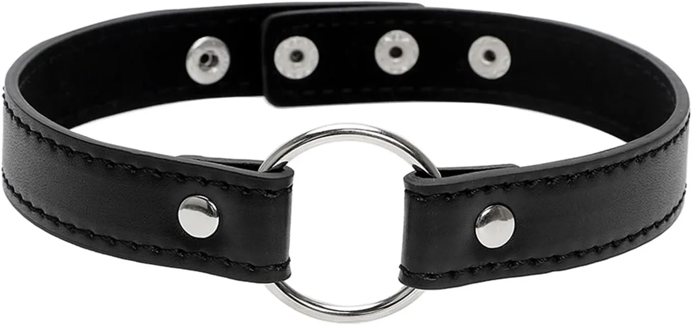 Bondage Collar Adjustable Gothic Choker Necklace Black Geometric Leather O Ring Collar Necklace Role Play Gift
