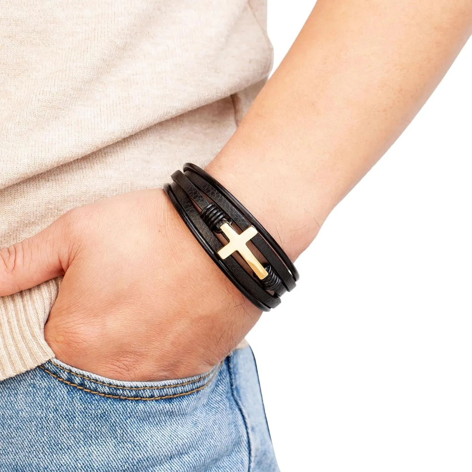 Bracelet Men Bracelets Jewellery Braided Leather Bracelet Classic Double Cross Leather Men'S Bracelet Accessorie