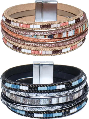 Bracelets for Women, 2Pcs Leather Wrap Layer Bracelets Boho Rustic Multi-Layer Braided Bracelet Stack Bracelet for Women