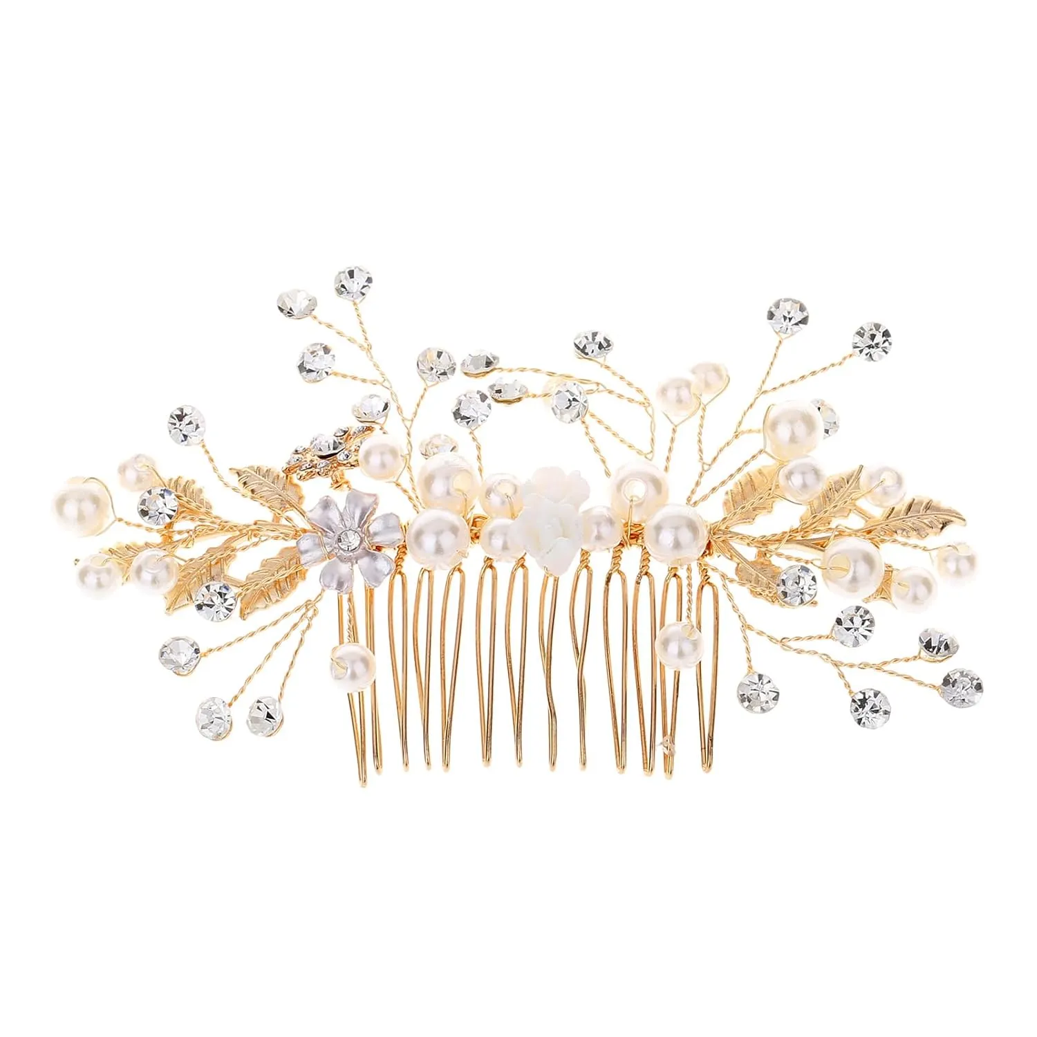 Bridal Flower Wedding Hair Pins Crystal Pearl Hair Combs Clips Headpiece Gold Wedding Hair Accessories Jewelry with Rhinestone for Brides Bridesmaids Women Girls (Gold) A66