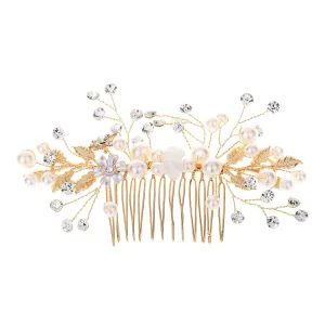 Bridal Flower Wedding Hair Pins Crystal Pearl Hair Combs Clips Headpiece Gold Wedding Hair Accessories Jewelry with Rhinestone for Brides Bridesmaids Women Girls (Gold) A66