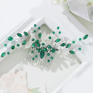 Bridal Flower Wedding Hair Pins Crystal Pearl Hair Combs Clips Headpiece Gold Wedding Hair Accessories Jewelry with Rhinestone for Brides Bridesmaids Women Girls (Green) I
