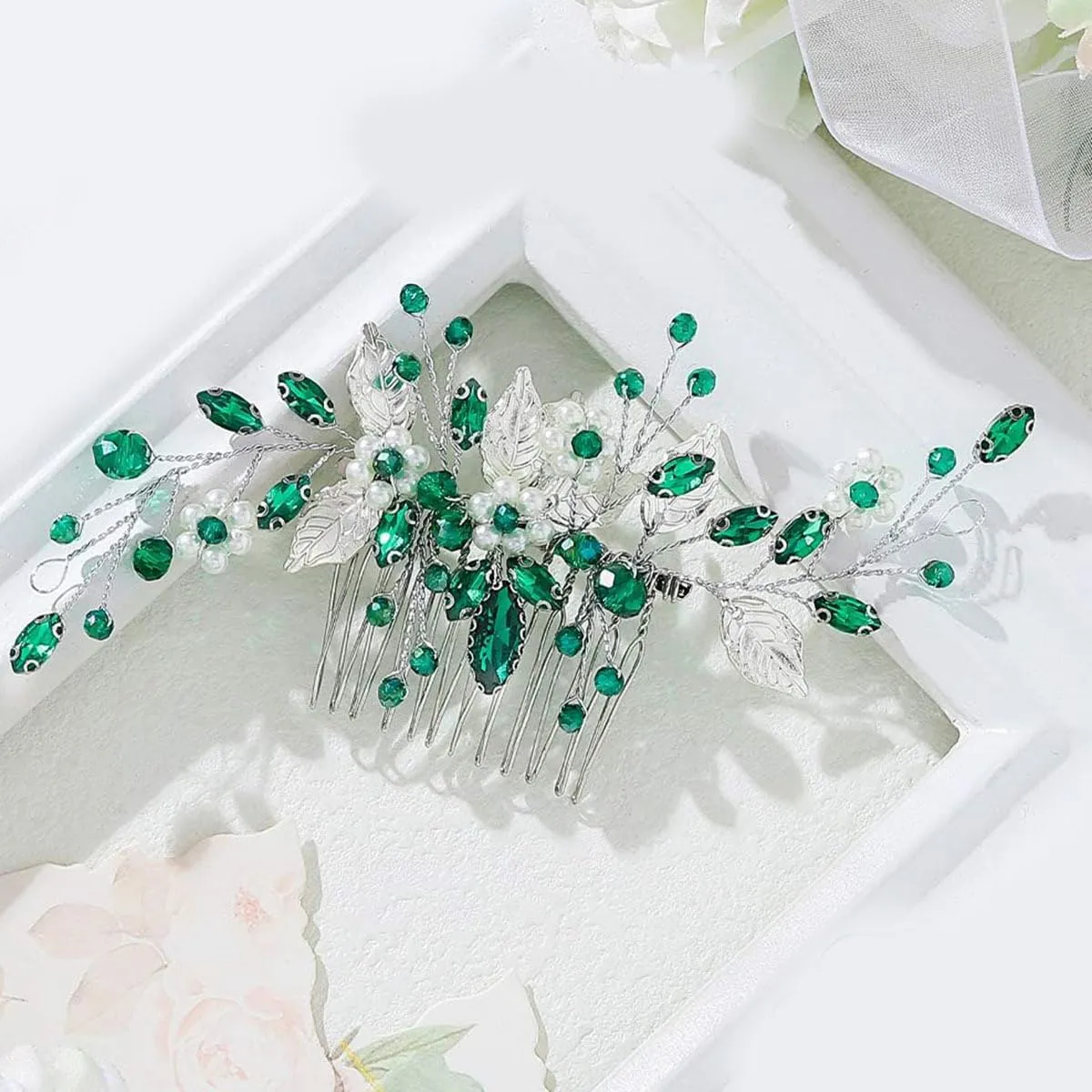 Bridal Flower Wedding Hair Pins Crystal Pearl Hair Combs Clips Headpiece Gold Wedding Hair Accessories Jewelry with Rhinestone for Brides Bridesmaids Women Girls (Green) I