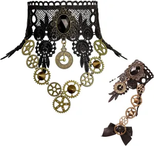 Choker Necklace for Steampunk Halloween Punk Costume Party Retro Gear Clock Cog Women Gothic Black Lace Necklaces Halloween Lolita Victorian Steam Punk Choker Pendant