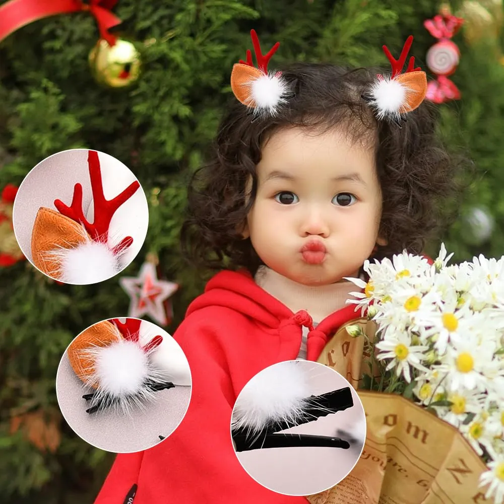 Christmas Reindeer Antlers Hair Clips for Girls 2Pcs Red Deer Antlers Headpiece for Women with White Fuzzy Christmas Balls Aesthetic Accessories for Kids Brown Elk Head Dcor Animal Hair Barrettes