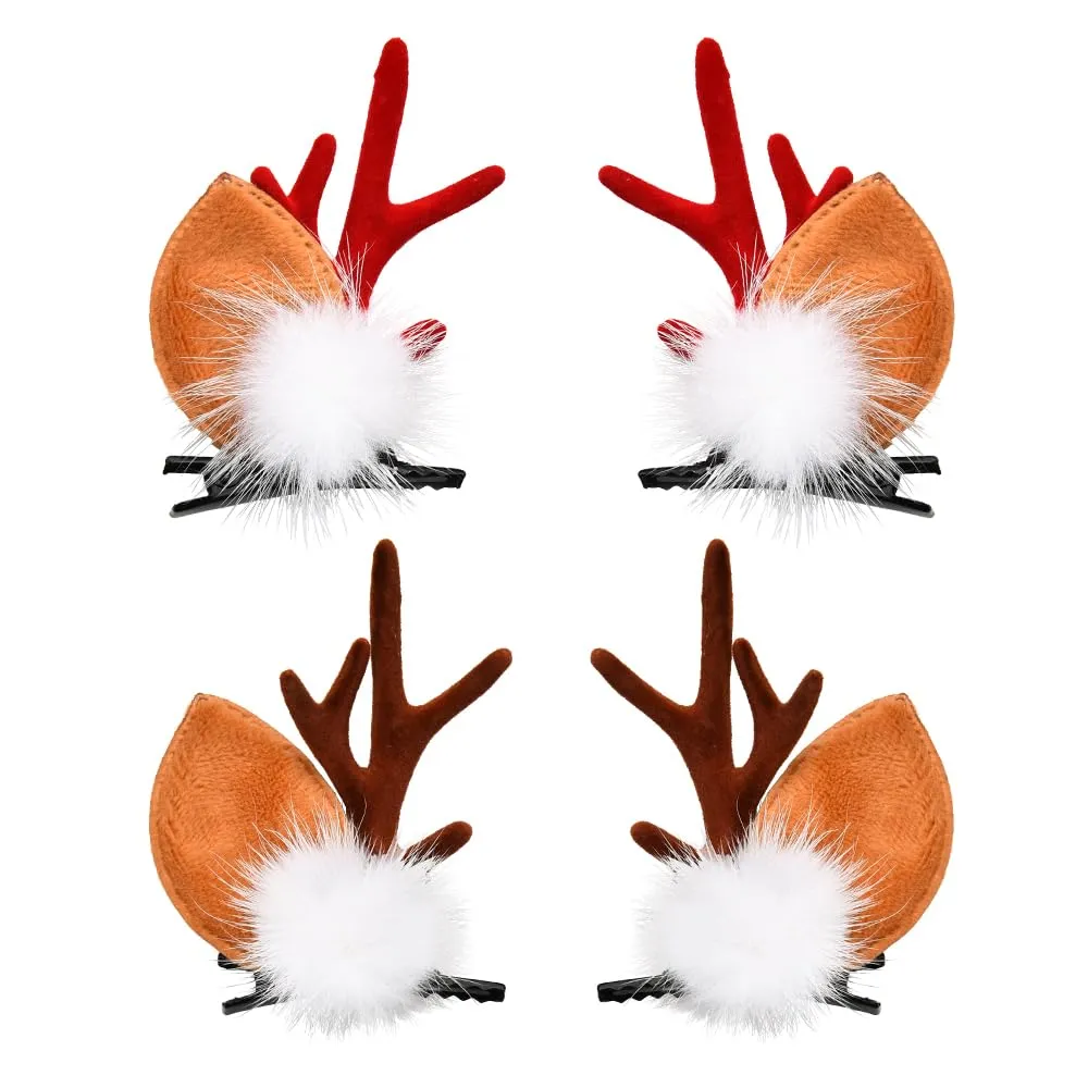 Christmas Reindeer Antlers Hair Clips for Girls 2Pcs Red Deer Antlers Headpiece for Women with White Fuzzy Christmas Balls Aesthetic Accessories for Kids Brown Elk Head Dcor Animal Hair Barrettes