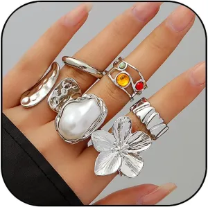 Chunky Gold Rings for Women Adjustable Stackable Statement Rings Set Baroque Pearl Flower Ring Knuckle Ring Chunky Jewelry Gift for Women