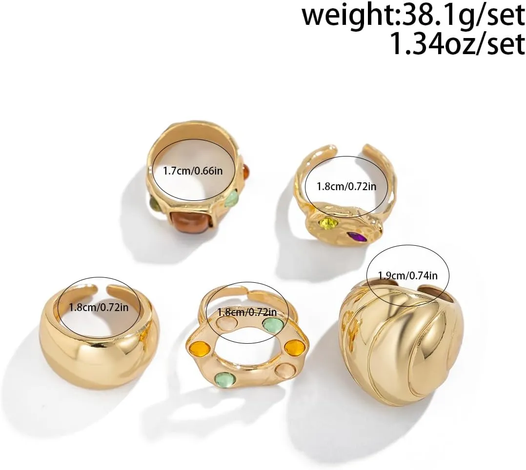 Chunky Gold Rings Set for Women Pearl Flower Crystal Open Statement Knuckle Finger Rings Punk Party Jewelry
