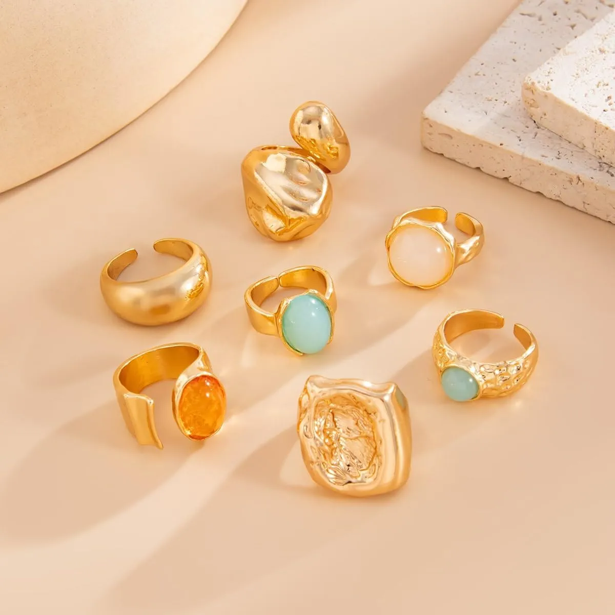 Chunky Gold Rings Set for Women Thumb Knuckle Ring for Women Non Tarnish Rhinestone Gold Rings Chunky Jewelry Minimalist Irregular Statement Beach Accessories