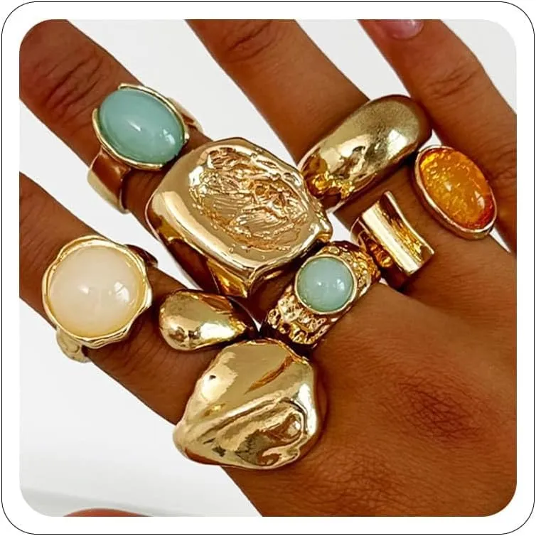 Chunky Gold Rings Set for Women Thumb Knuckle Ring for Women Non Tarnish Rhinestone Gold Rings Chunky Jewelry Minimalist Irregular Statement Beach Accessories