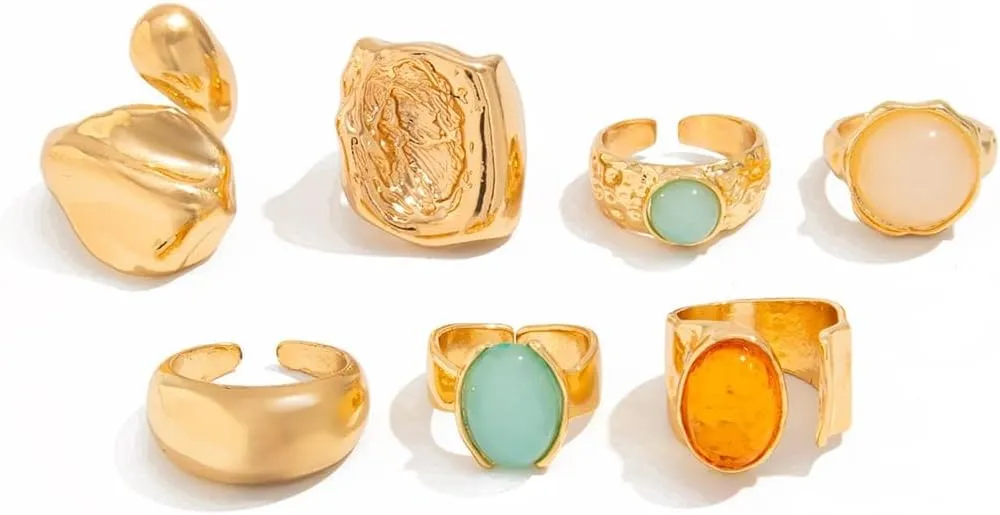 Chunky Gold Rings Set for Women Thumb Knuckle Ring for Women Non Tarnish Rhinestone Gold Rings Chunky Jewelry Minimalist Irregular Statement Beach Accessories