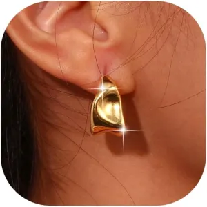 Chunky Hoop Earrings for Women 14K Gold Plated Thick Dome Huggie Earrings Hypoallergenic Lightweight Small Wide Round Hoop Earrings Prom Jewelry