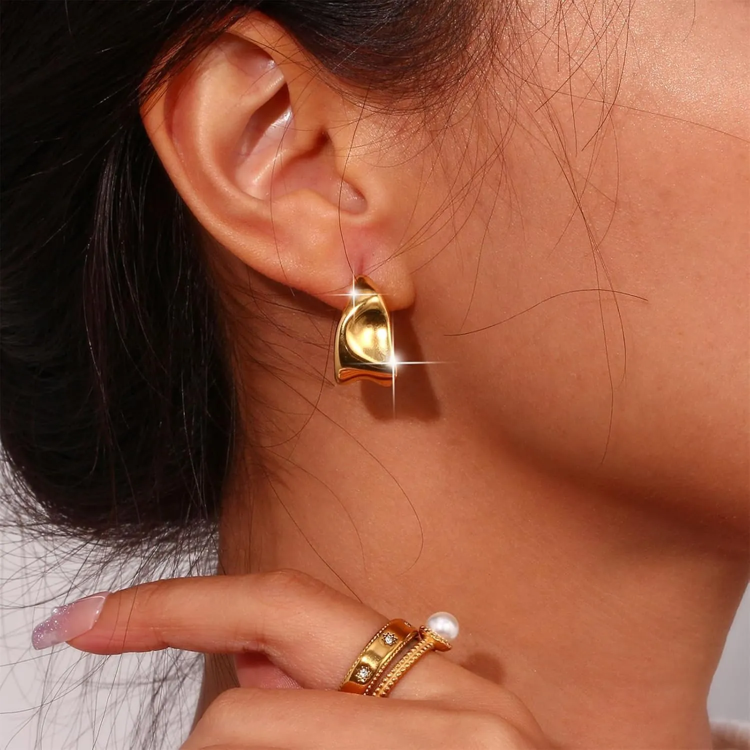 Chunky Hoop Earrings for Women 14K Gold Plated Thick Dome Huggie Earrings Hypoallergenic Lightweight Small Wide Round Hoop Earrings Prom Jewelry