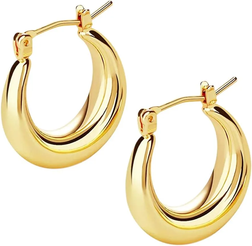 Chunky Hoop Earrings, Thick Tube Open Click-top Gold Earrings with Stainless Steel Post, Minimalist Lightweight Small Hoops Jewelry Gift for Women