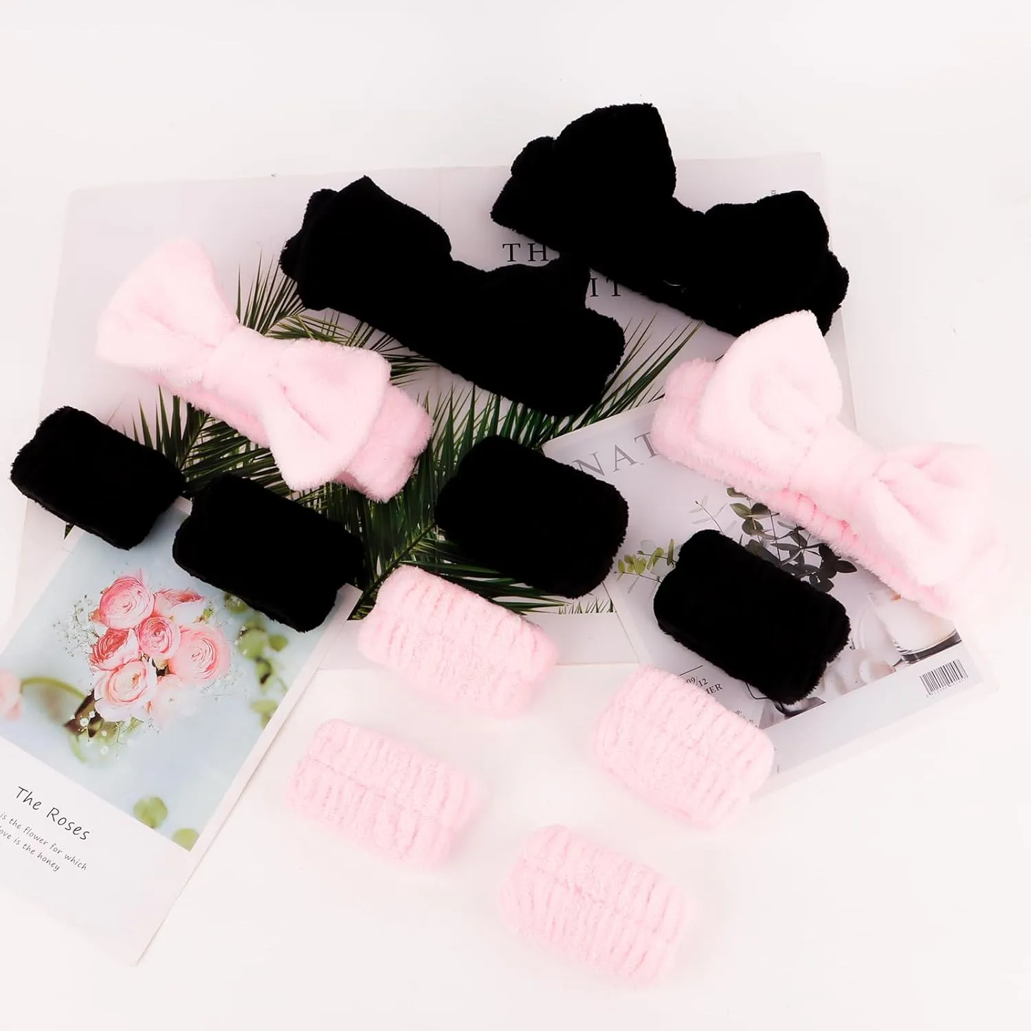 CIEHER 12 PCS Black & Pink Makeup Headband for Women Wrist Washband Scrunchies Cuffs for Washing Face, Soft Bow Hair Band Matching Wristbands