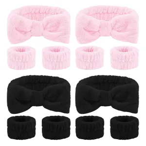 CIEHER 12 PCS Black & Pink Makeup Headband for Women Wrist Washband Scrunchies Cuffs for Washing Face, Soft Bow Hair Band Matching Wristbands