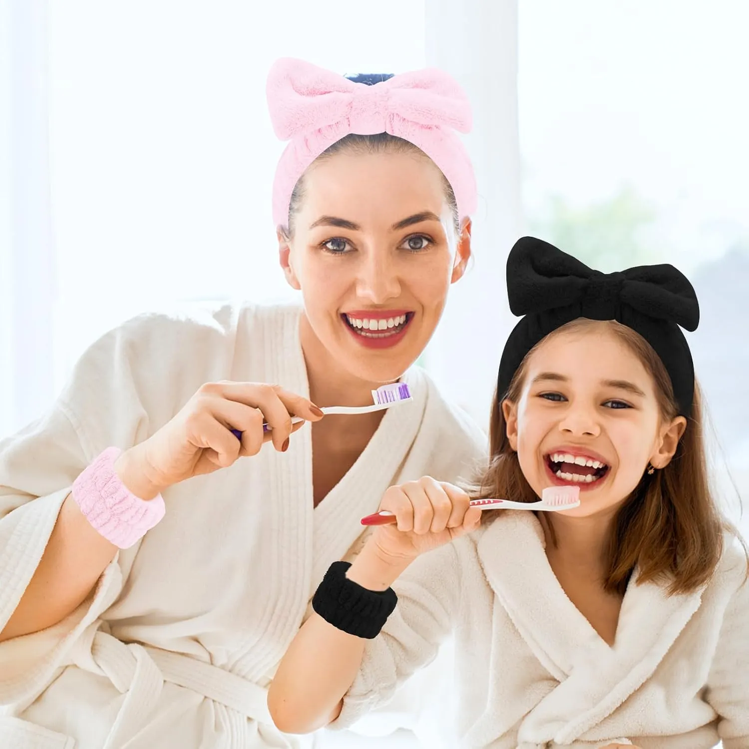 CIEHER 12 PCS Black & Pink Makeup Headband for Women Wrist Washband Scrunchies Cuffs for Washing Face, Soft Bow Hair Band Matching Wristbands