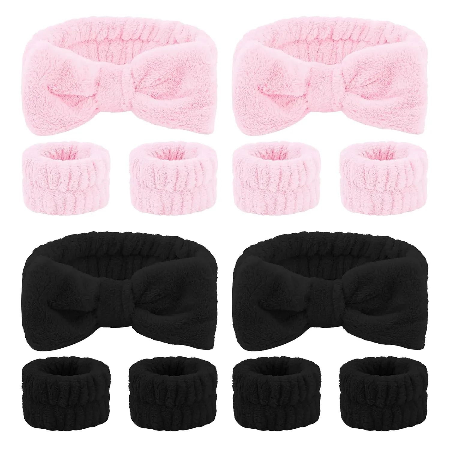 CIEHER 12 PCS Black & Pink Makeup Headband for Women Wrist Washband Scrunchies Cuffs for Washing Face, Soft Bow Hair Band Matching Wristbands