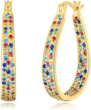 CiNily 925 Sterling Silver Post Hoop Earrings for Women Gilrs Multcolors Cubic Zircon Hoops 14K Gold Plated Oval Chunky Hoop Earrings Jewelry Gift for Mothers Day/July 4th/Wedding/Party/Christmas