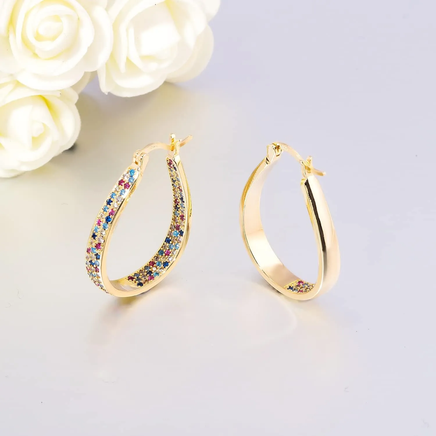 CiNily 925 Sterling Silver Post Hoop Earrings for Women Gilrs Multcolors Cubic Zircon Hoops 14K Gold Plated Oval Chunky Hoop Earrings Jewelry Gift for Mothers Day/July 4th/Wedding/Party/Christmas
