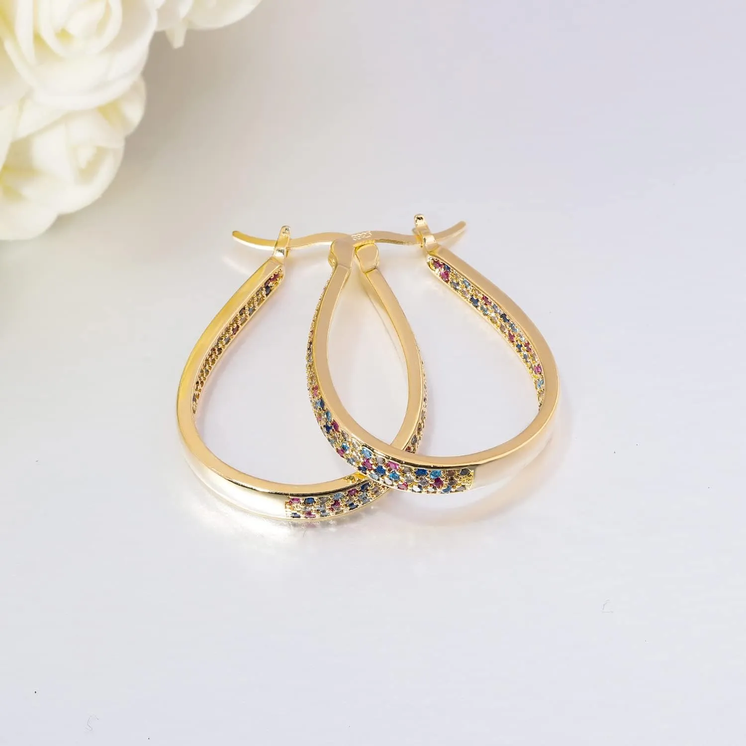 CiNily 925 Sterling Silver Post Hoop Earrings for Women Gilrs Multcolors Cubic Zircon Hoops 14K Gold Plated Oval Chunky Hoop Earrings Jewelry Gift for Mothers Day/July 4th/Wedding/Party/Christmas