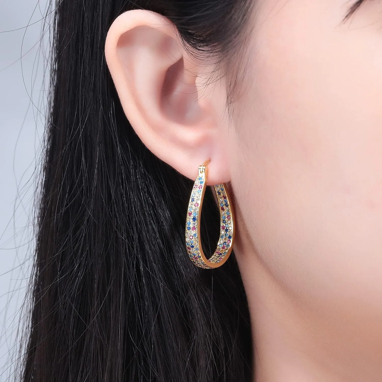 CiNily 925 Sterling Silver Post Hoop Earrings for Women Gilrs Multcolors Cubic Zircon Hoops 14K Gold Plated Oval Chunky Hoop Earrings Jewelry Gift for Mothers Day/July 4th/Wedding/Party/Christmas