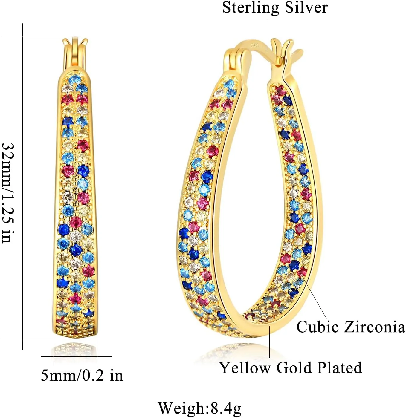 CiNily 925 Sterling Silver Post Hoop Earrings for Women Gilrs Multcolors Cubic Zircon Hoops 14K Gold Plated Oval Chunky Hoop Earrings Jewelry Gift for Mothers Day/July 4th/Wedding/Party/Christmas