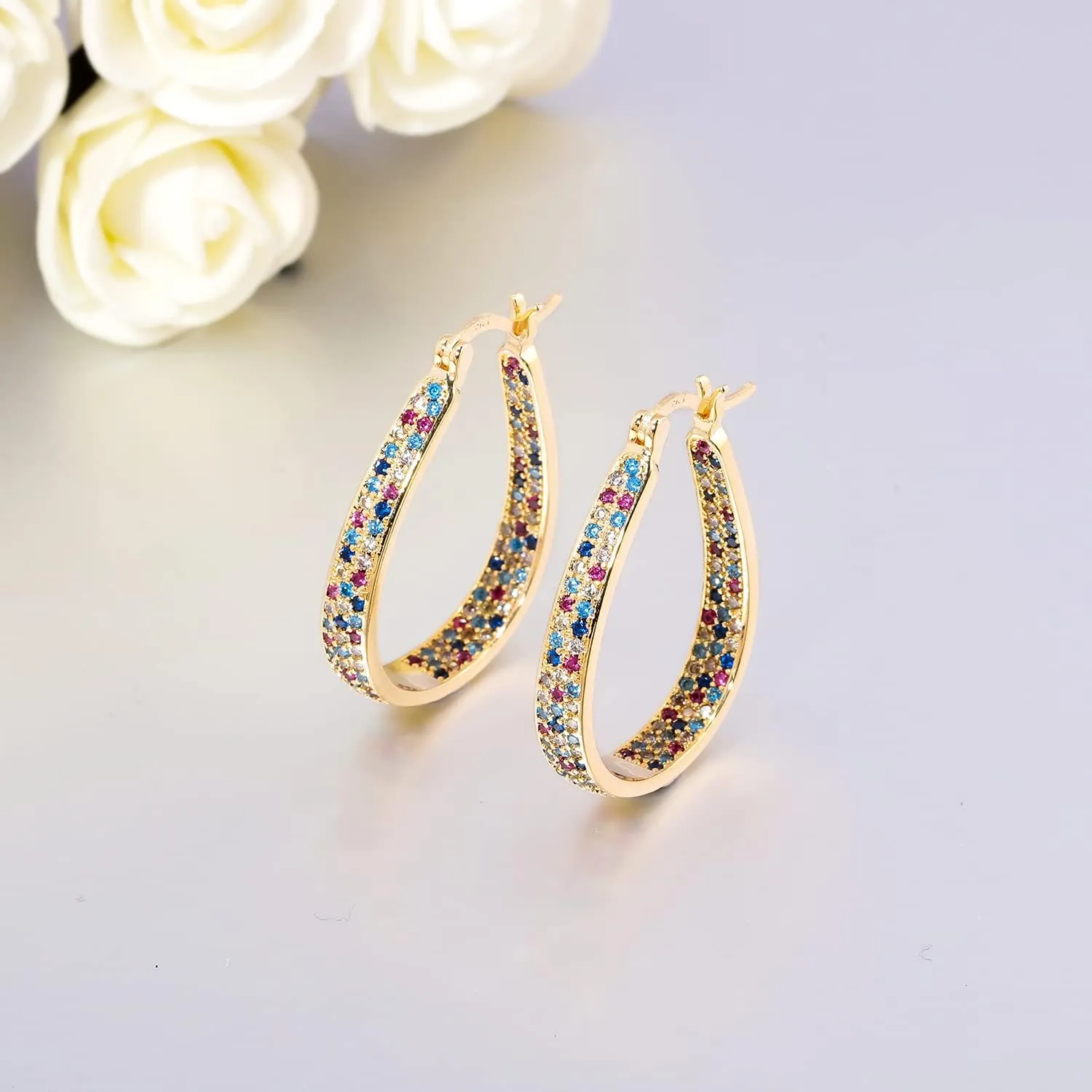 CiNily 925 Sterling Silver Post Hoop Earrings for Women Gilrs Multcolors Cubic Zircon Hoops 14K Gold Plated Oval Chunky Hoop Earrings Jewelry Gift for Mothers Day/July 4th/Wedding/Party/Christmas