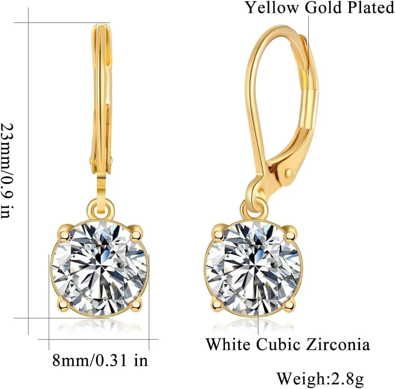 CiNily Leverback Dangle Earrings Created Crystal Drop Earrings Gold Plated Jewelry Gift for Women Girls 8mm