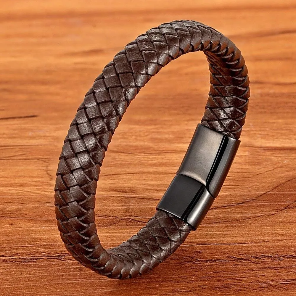 Classic Stainless Steel Gold Color Clasp Brown Woven Real Leather Bracelet Man Gifts QU2PE (Brown-gold-21cm)