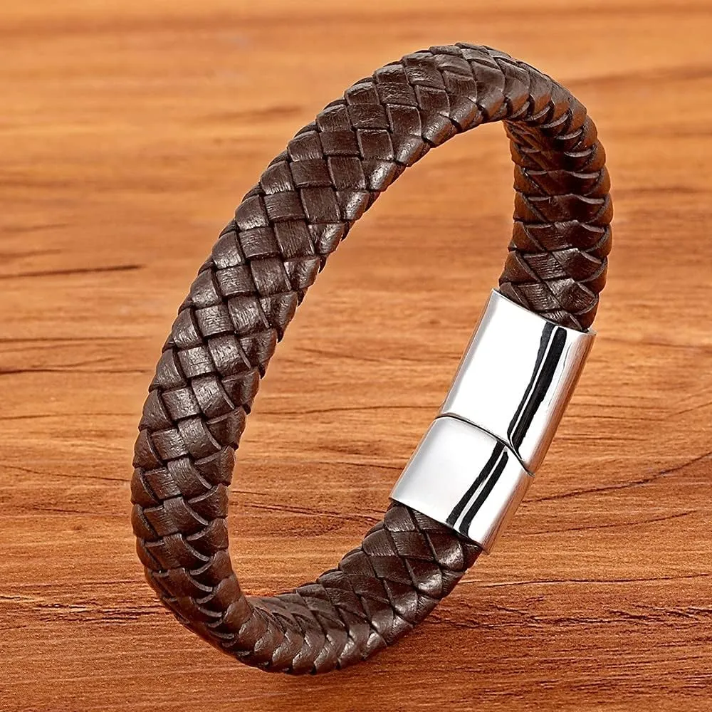 Classic Stainless Steel Gold Color Clasp Brown Woven Real Leather Bracelet Man Gifts QU2PE (Brown-gold-21cm)