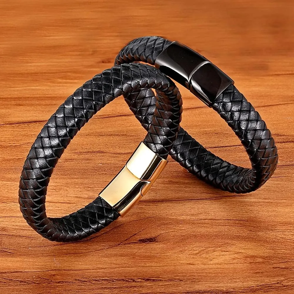 Classic Stainless Steel Gold Color Clasp Brown Woven Real Leather Bracelet Man Gifts QU2PE (Brown-gold-21cm)