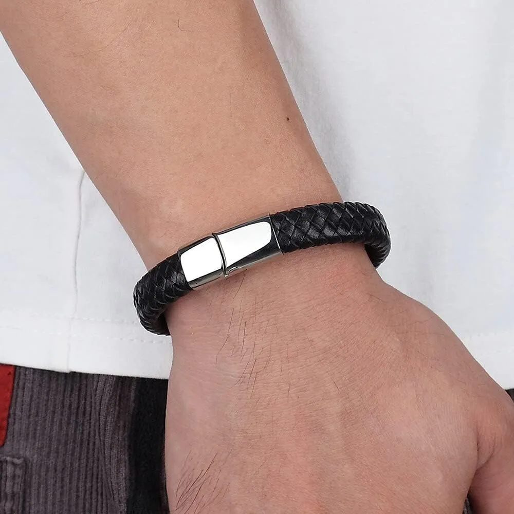 Classic Stainless Steel Gold Color Clasp Brown Woven Real Leather Bracelet Man Gifts QU2PE (Brown-gold-21cm)