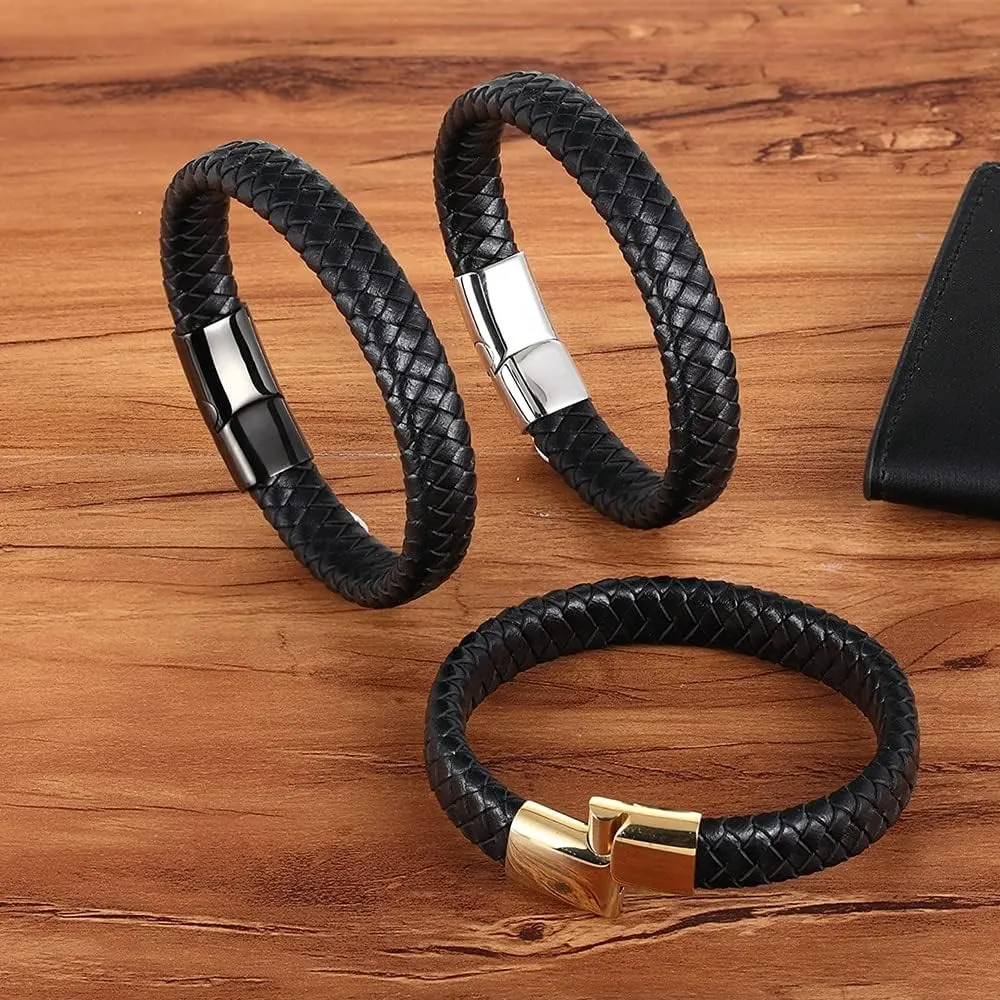 Classic Stainless Steel Gold Color Clasp Brown Woven Real Leather Bracelet Man Gifts QU2PE (Brown-gold-21cm)