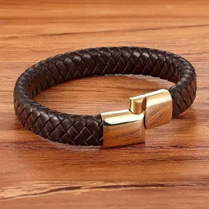 Classic Stainless Steel Gold Color Clasp Brown Woven Real Leather Bracelet Man Gifts QU2PE (Brown-gold-21cm)