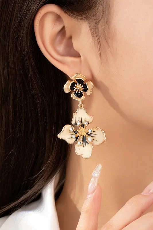 Cloisonne Ivory and Black Flower Drop Earrings