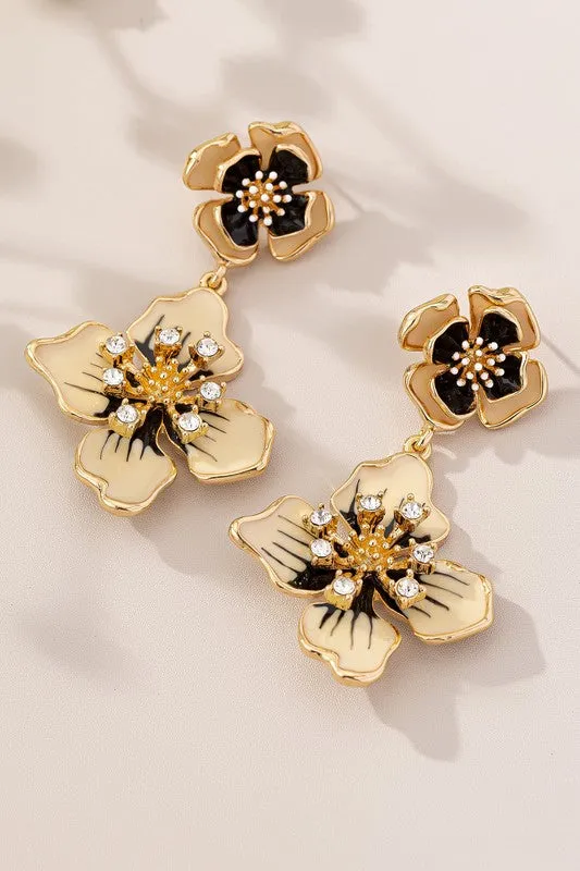 Cloisonne Ivory and Black Flower Drop Earrings